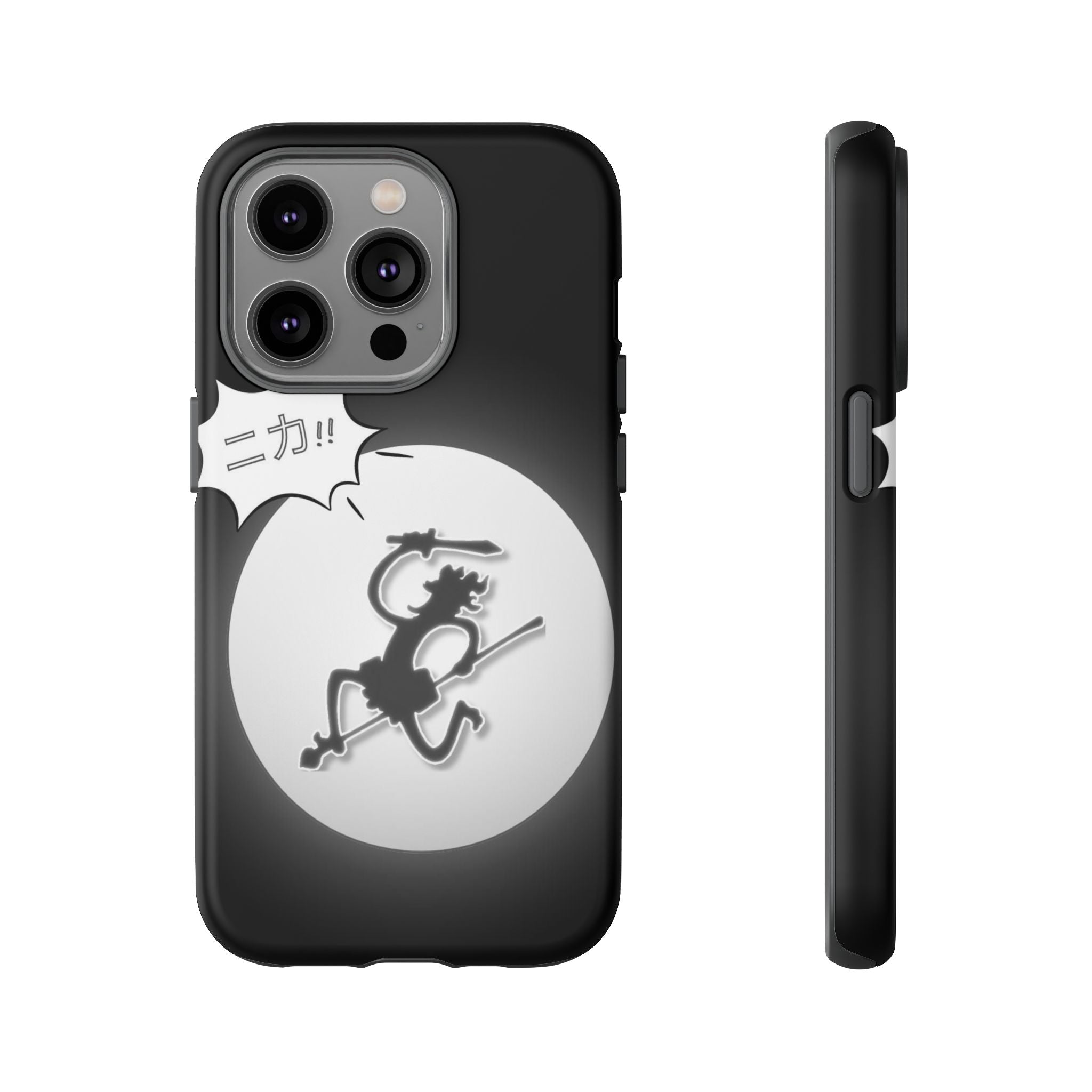 Black Cat Phone Case with Moon and Japanese Text, Tough Phone Case for Cat Lovers, Unique Gift for Birthdays, Halloween, and Everyday Use