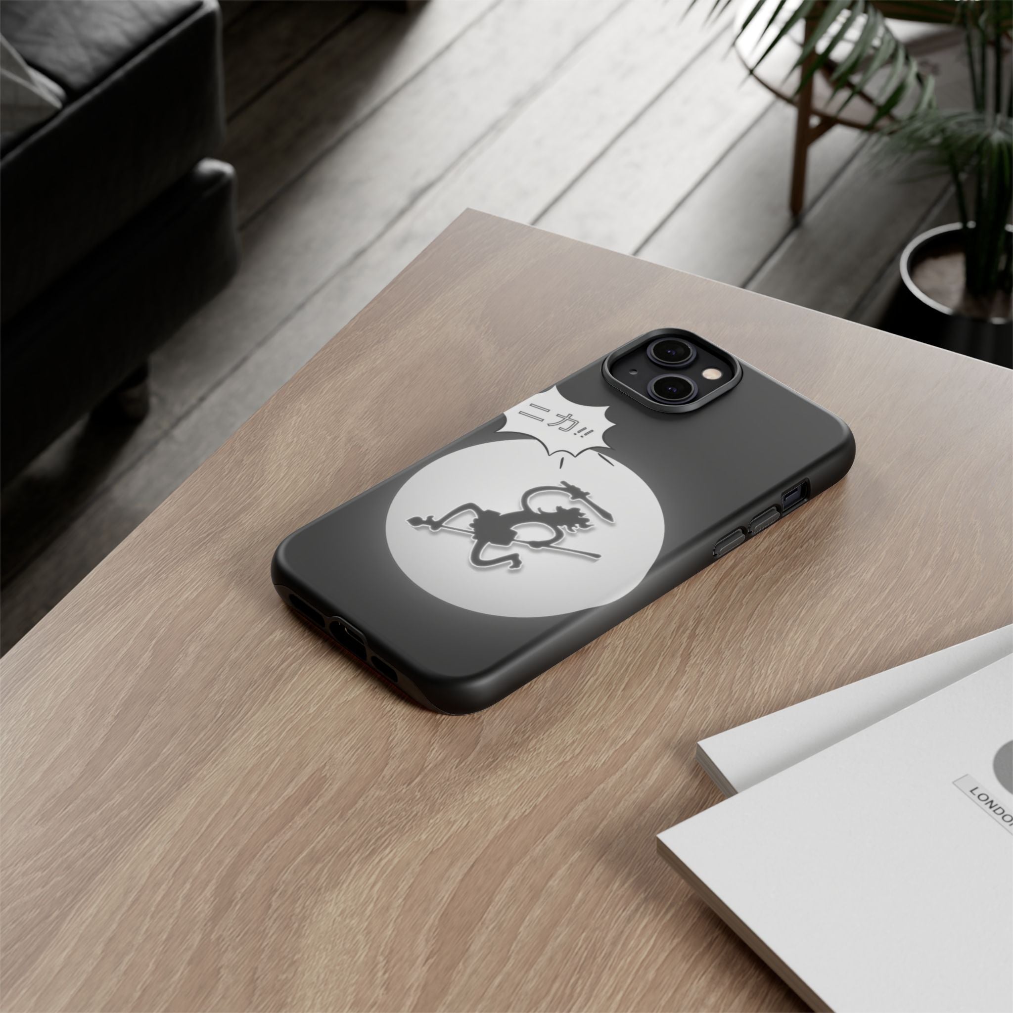 Black Cat Phone Case with Moon and Japanese Text, Tough Phone Case for Cat Lovers, Unique Gift for Birthdays, Halloween, and Everyday Use