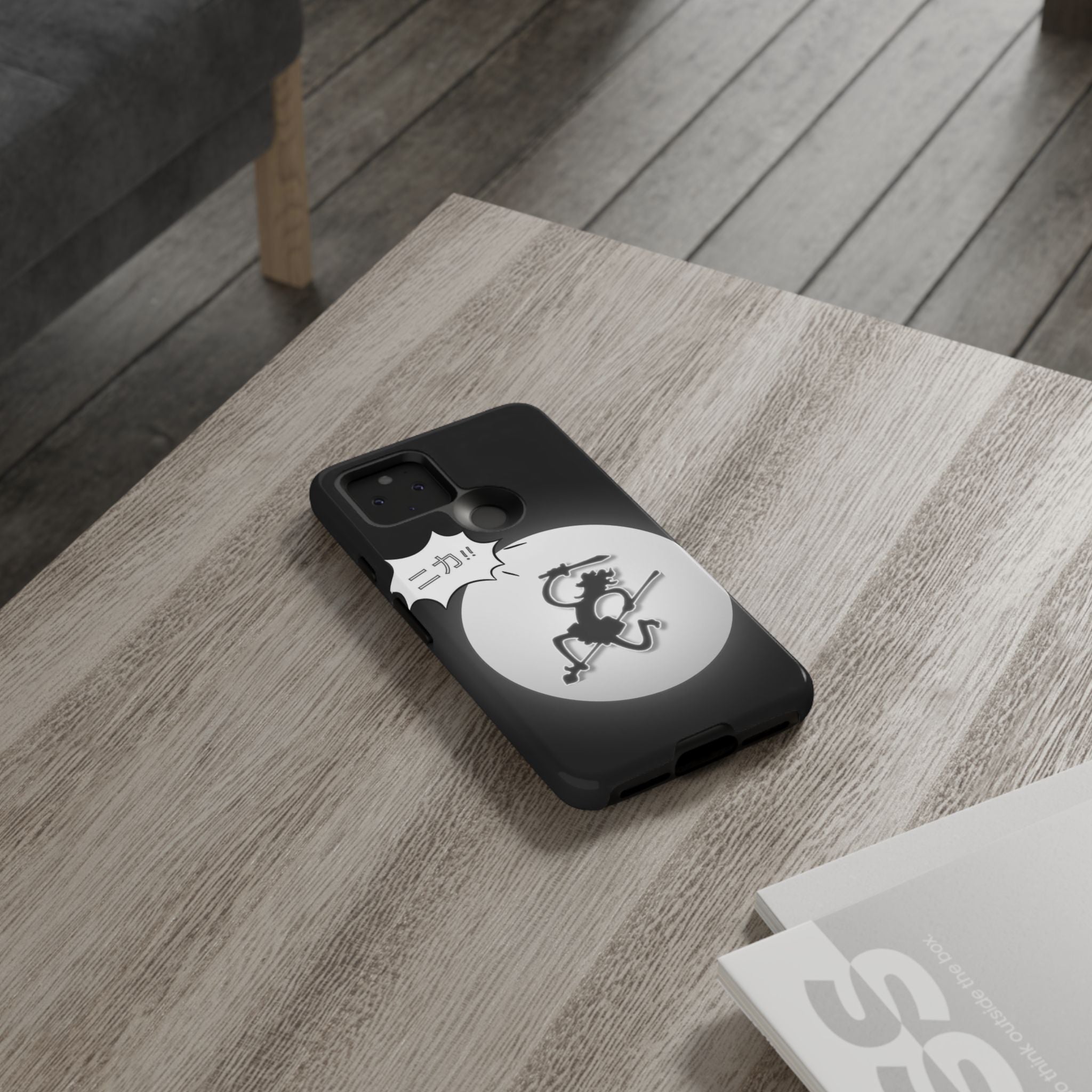 Black Cat Phone Case with Moon and Japanese Text, Tough Phone Case for Cat Lovers, Unique Gift for Birthdays, Halloween, and Everyday Use