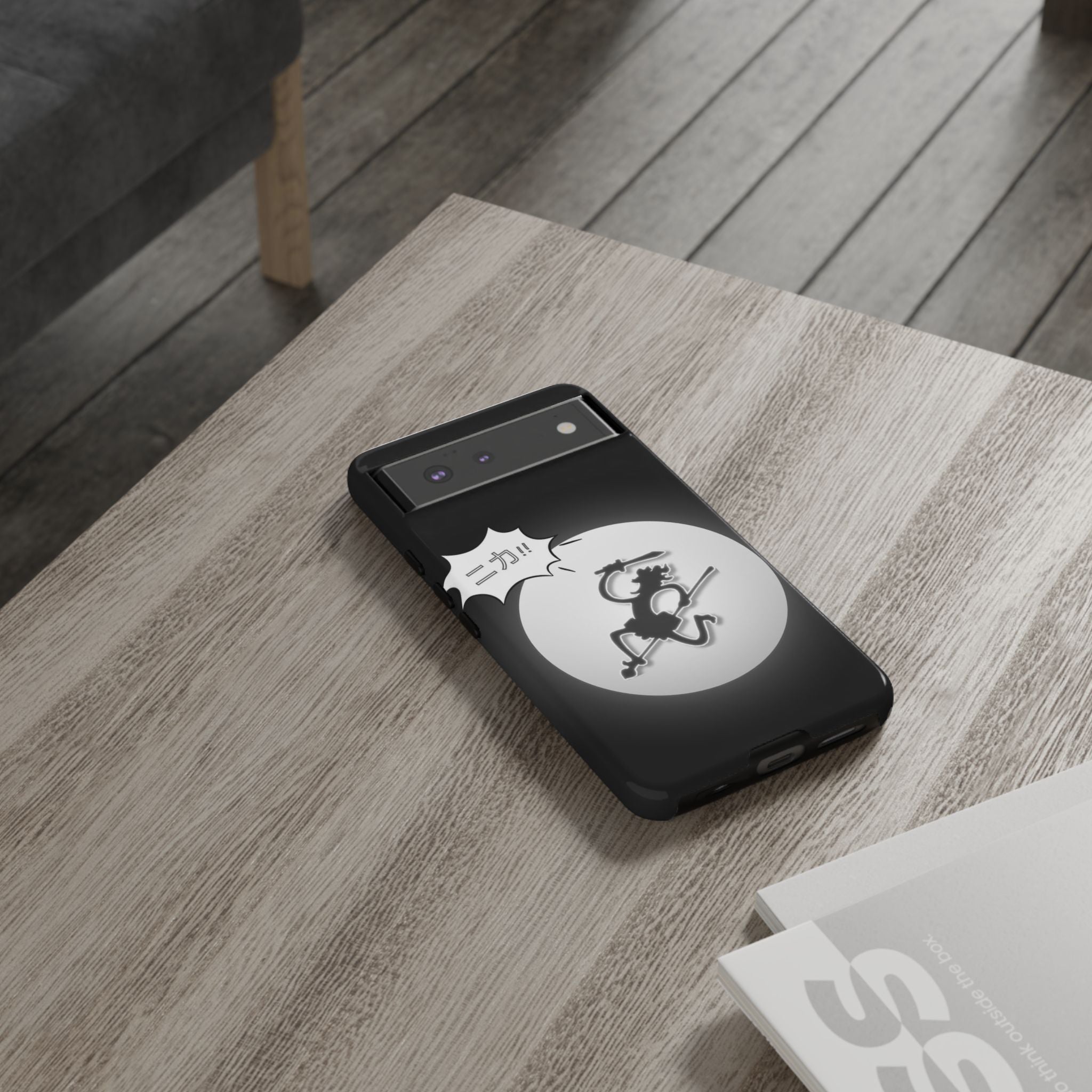 Black Cat Phone Case with Moon and Japanese Text, Tough Phone Case for Cat Lovers, Unique Gift for Birthdays, Halloween, and Everyday Use