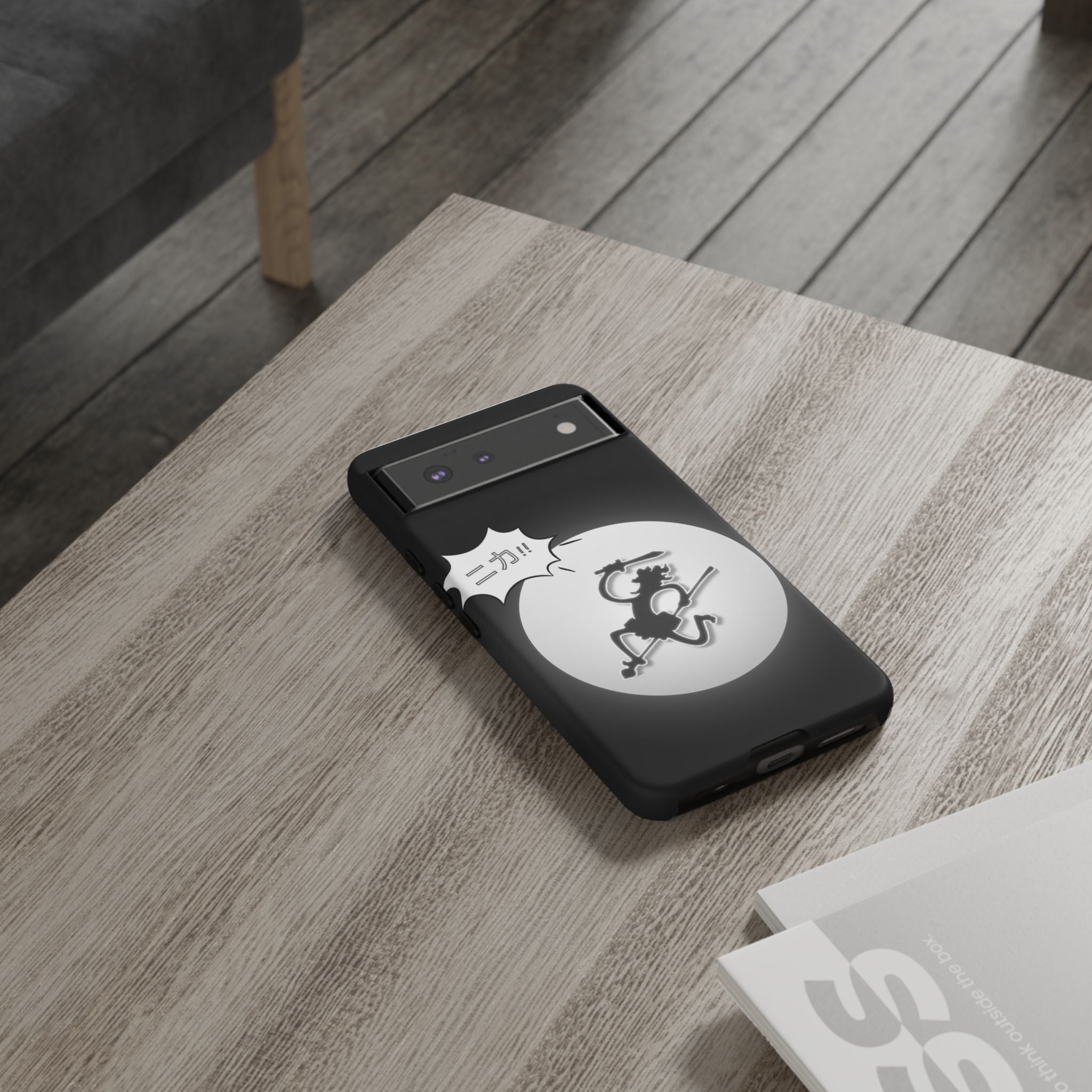 Black Cat Phone Case with Moon and Japanese Text, Tough Phone Case for Cat Lovers, Unique Gift for Birthdays, Halloween, and Everyday Use